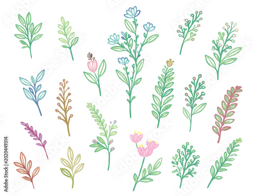 illustration of a vibrant Floral graphic elements set Doodle flowers and plants hand drawn illustrations isolated on white background