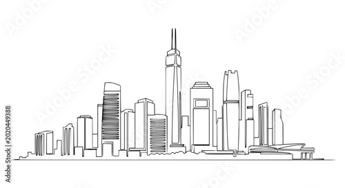 Modern City Skyline Silhouette, Minimalist Line Art Drawing, Urban Landscape