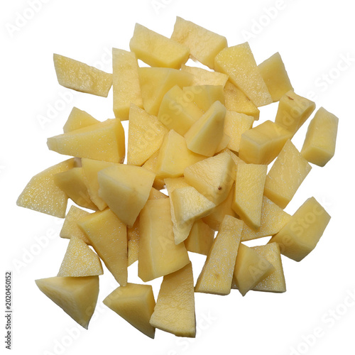 Diced raw potato pieces with natural lighting and a simple composition for culinary use