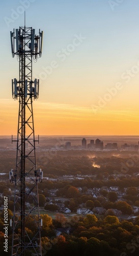 Telecommunication tower with antennas against a vibrant sunset sky over a city landscape.
