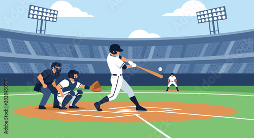 Action scene from a baseball game with a batter in white uniform swinging at a pitch while the catcher and umpire watch in a stadium.