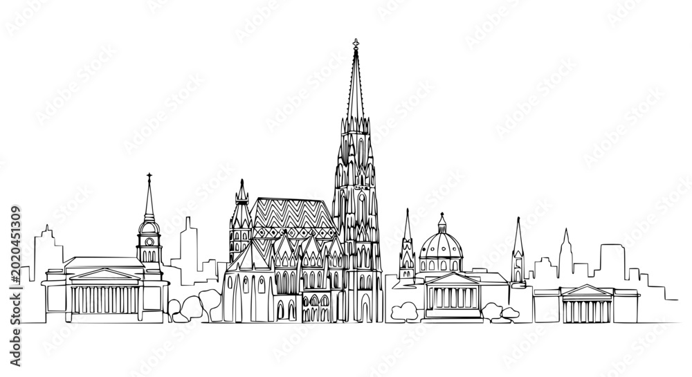 Fototapeta premium Hand-drawn line art skyline of historic European city architecture, white background
