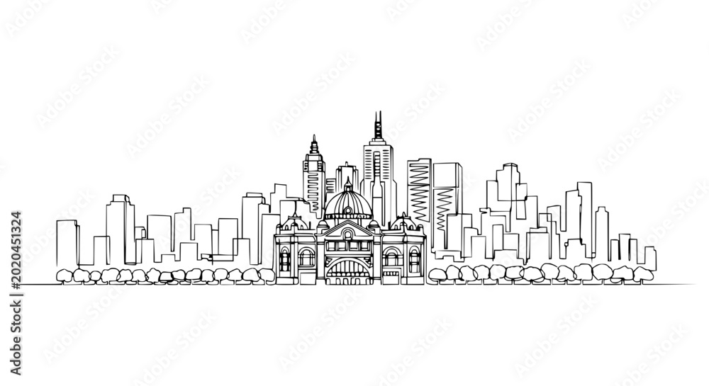 Fototapeta premium Melbourne Skyline Landmark Art - Continuous Line Drawing of Famous Buildings