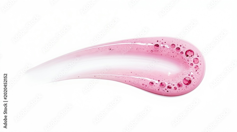 Fototapeta premium Pink cosmetic gel with tiny bubbles and smooth swirl on white background. This liquid texture is perfect for skincare beauty ads and product shots.