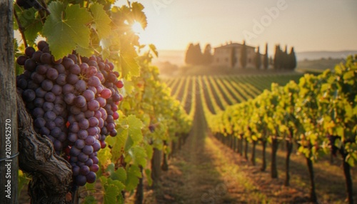 Canvastavla A cluster of ripe red grapes in the foreground of a scenic vineyard in Tuscany, Italy, at sunset with a rustic farmhouse in the background
