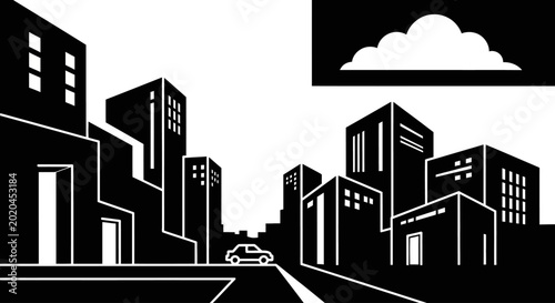 Black and white vector illustration of an urban cityscape with modern buildings, a street, and a car driving, minimalist graphic design.