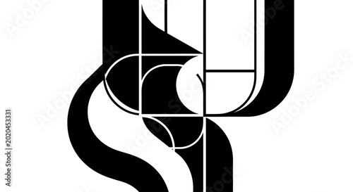 Elegant abstract black and white intertwined geometric and organic line art design element for modern graphic projects and branding