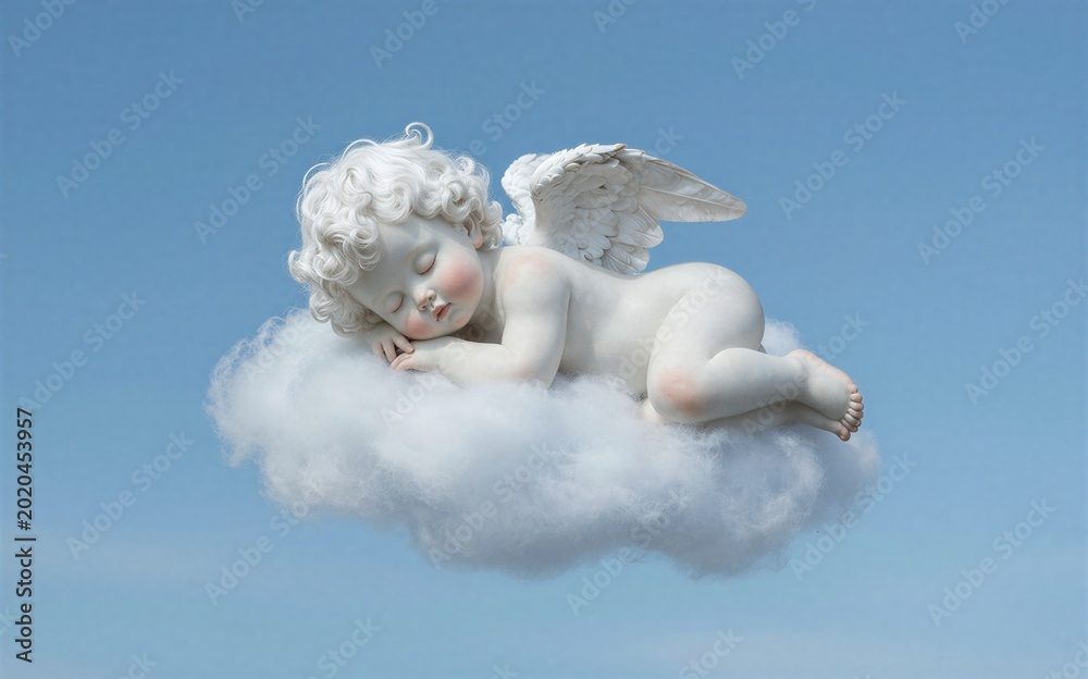 Fototapeta premium Cute angel sleeps peacefully on fluffy cloud against clear blue sky.