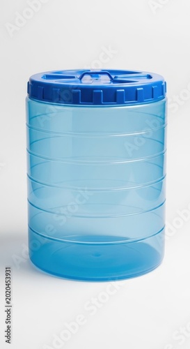Transparent Blue Plastic Water Container on White Background.