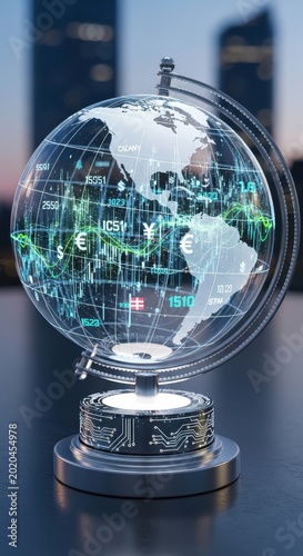Transparent Globe with Digital Data Overlay in Cityscape.