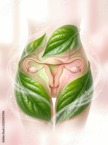 A harmonious blend of nature and anatomy, illustrating the essence of female reproductive health and fertility with vibrant green leaves, symbolizing holistic well-being and organic care