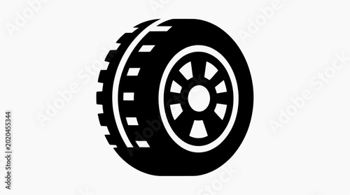 A bold monochrome silhouette of a single vehicle tire, showcasing the intricate tread pattern and structural components of a vehicle.