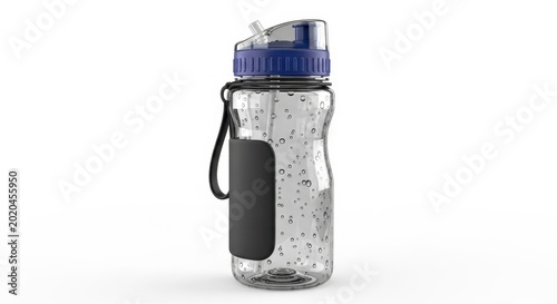 Transparent Water Bottle with Blue Lid and Black Grip.
