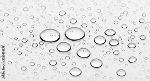 Transparent Water Droplets on a Clean White Surface.