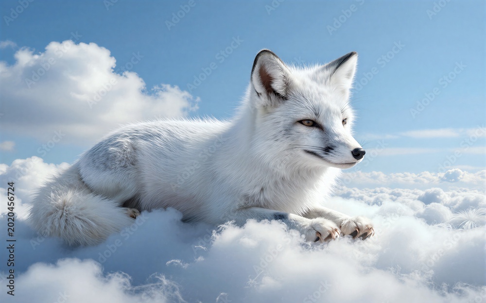 Fototapeta premium White fox rests serene in snowy landscape under bright blue sky.