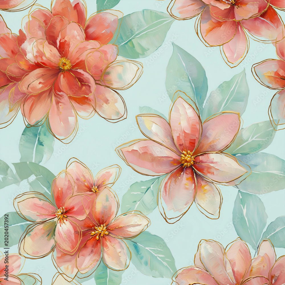 Obraz premium Gold‑Outlined Pink Floral Impasto Seamless Pattern