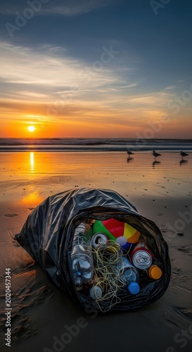 Trash Bag on Beach at Sunset - Environmental Pollution.