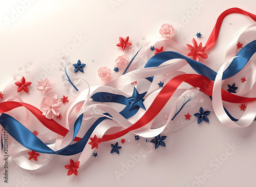 A captivating 3D render of an elegant arrangement of soft red, white, and blue flowing elements. This abstract, patriotic background is perfect for USA themes and 4th of July designs.