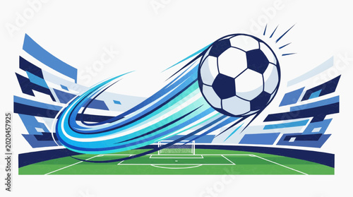 Soccer ball flying with motion blur on green field with stadium in background for sports marketing and advertising campaign with dynamic movement.