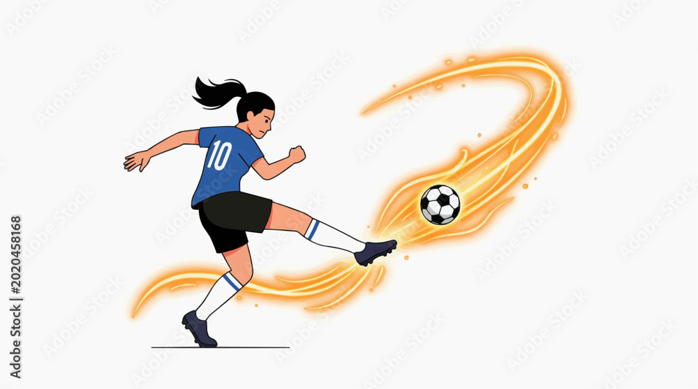 Fototapeta premium Football player kicking ball with orange motion trails, minimalist 2D flat sports graphic for analytics, marketing and performance branding