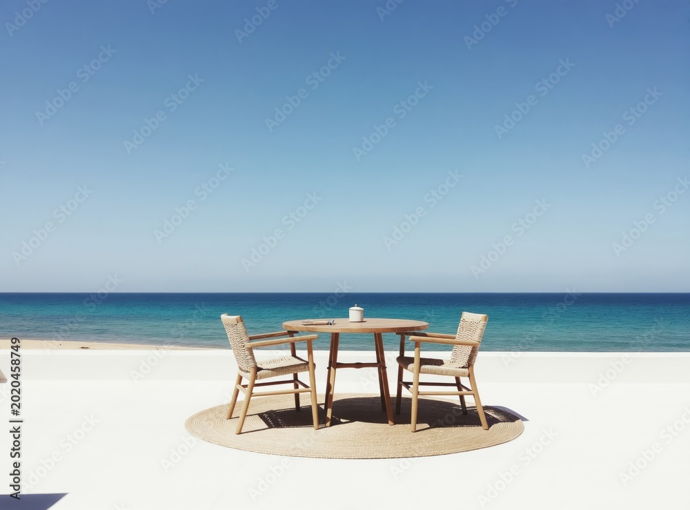 Fototapeta premium Outdoor dining set with two chairs and round table on terrace overlooks blue ocean sea horizon. Minimalist furniture on patio near beach under clear sky.
