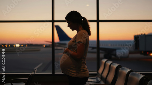 Pregnant woman silhouetted at airport window looking at sunset and airplane. Expecting mother waits for flight, anticipating new life and journey. Peaceful moment before departure, hopeful for future.