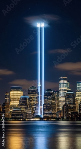 Tribute in Light Memorial Illuminating the New York City Skyline at Night.