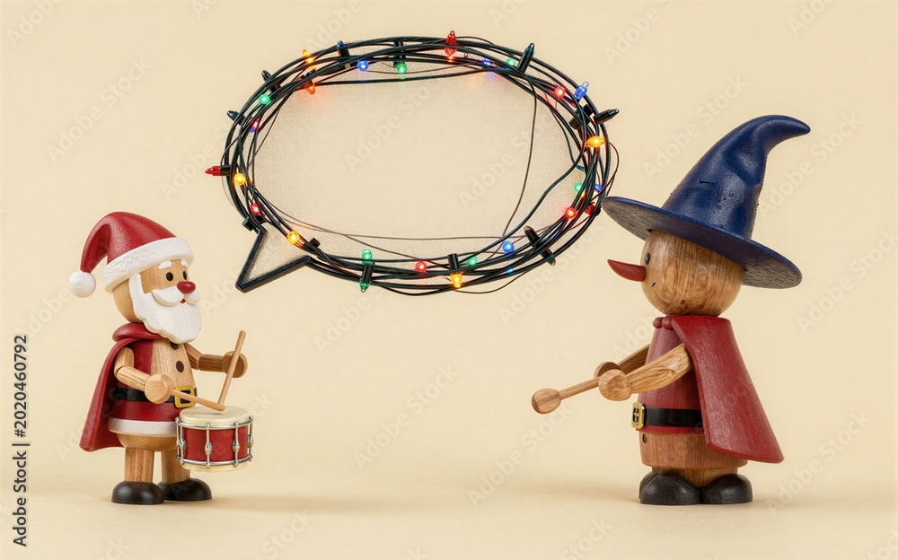 Fototapeta premium Santa and wizard play drums festive lights glow around them.