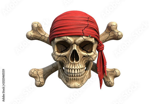 A skull and crossbones with a red bandana, symbolizing piracy and adventure