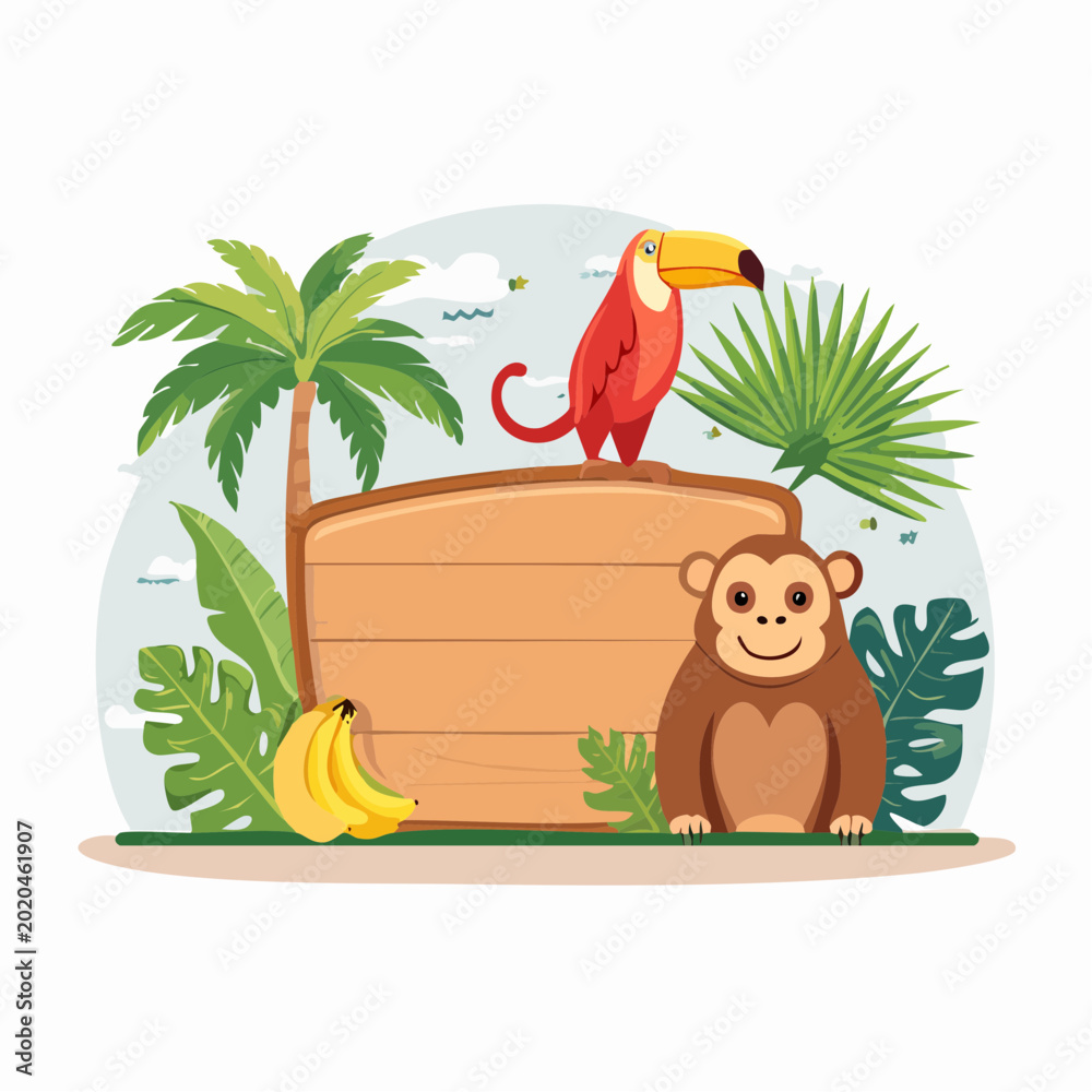 Fototapeta premium Jungle Scene with Monkey, Toucan, and Tropical Plants