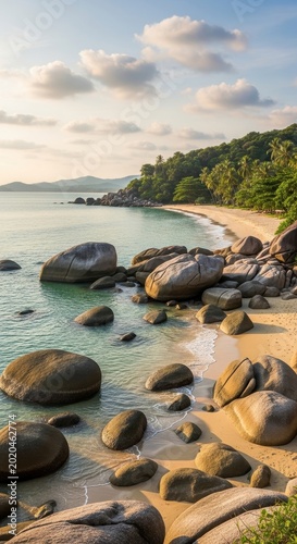 Tropical Beach Paradise with Boulders and Lush Greenery Under a Cloudy Sky.
