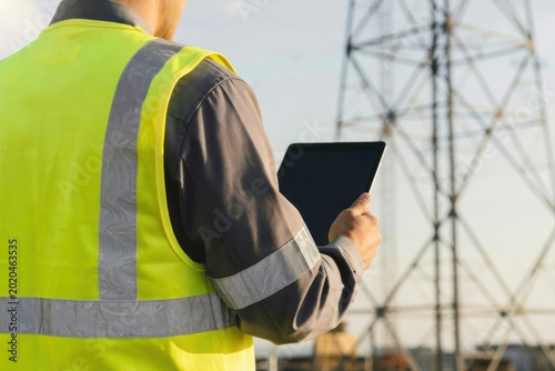 Worker in safety vest operating a tablet, with a blurred industrial tower in the background.