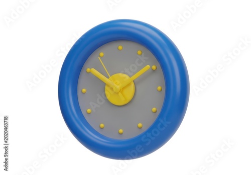 A vibrant blue clock with a yellow hour hand pointing at twelve.