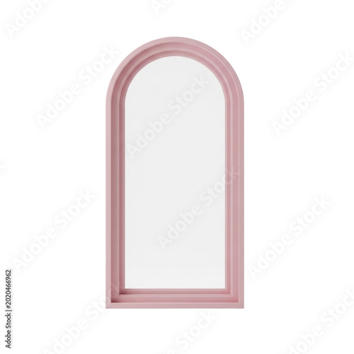 a photorealistic 3d visualization of a palladian arched window frame in matte pastel pink, isolated against a transparent void background with subtle shadows, minimalist design concept of modern