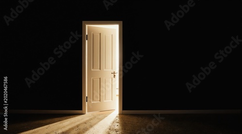 White door stands ajar in dark room. Bright light spills onto floor from open doorway. Opportunity, mystery, new beginnings. Entrance to unknown.