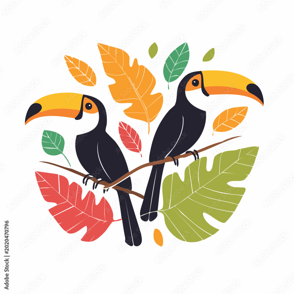 Fototapeta premium Two Toucans Perched on a Branch with Tropical Leaves