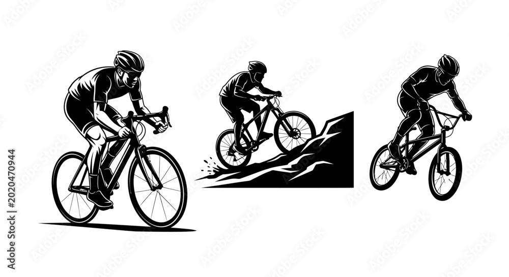 Fototapeta premium Set of black and white cycling silhouettes featuring various bike types.