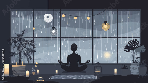 Serene silhouette practicing yoga indoors during rainy night