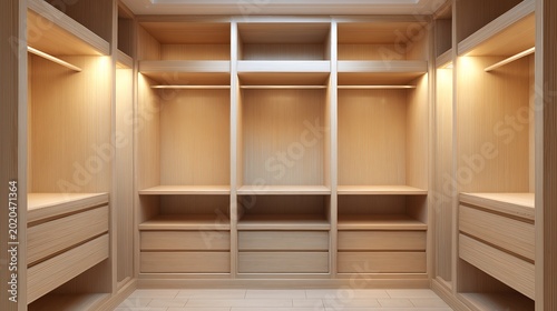 Open wooden closet with empty shelves and hanging space, isolated on white background, organized storage concept with bright interior lighting