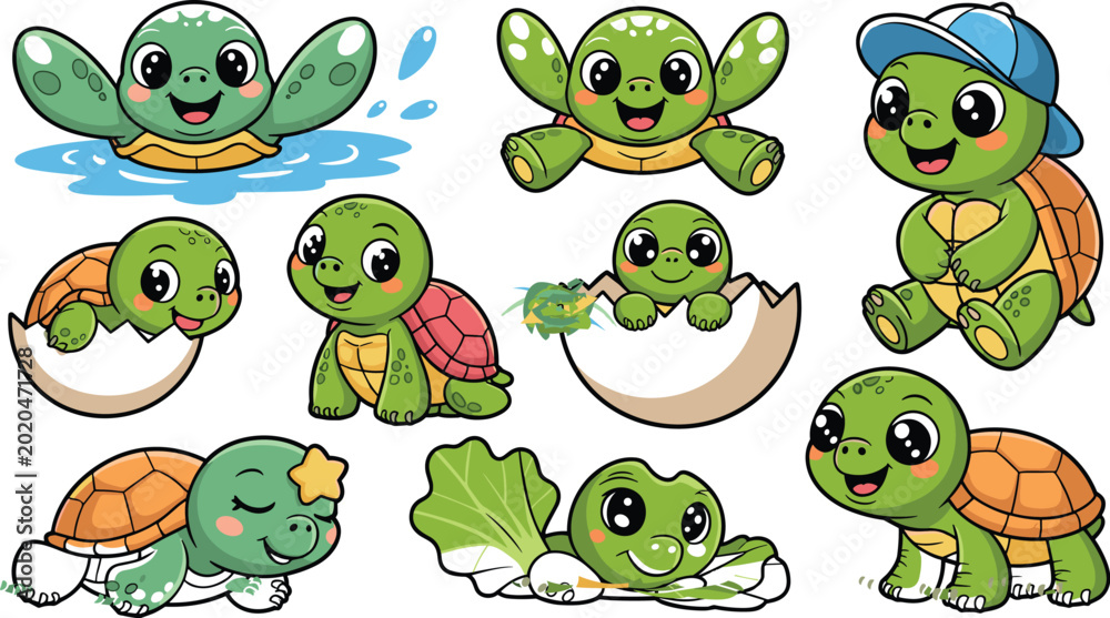 Naklejka premium Cute Cartoon Baby Turtle Vector Character Illustration Set with Turtles Hatching, Swimming, Sleeping, and Wearing a Cap for Children Design Projects