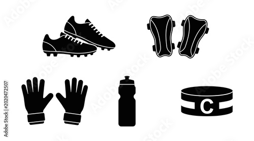 Soccer equipment set including cleats shin guards goalkeeper gloves water bottle and captain armband on a white background