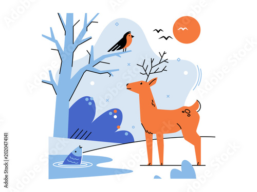 Deer and bird in a winter landscape vector illustration. Wildlife conservation, nature education, seasonal changes, ecosystem balance, outdoor adventure, environment. Stag with avian and aquatic life