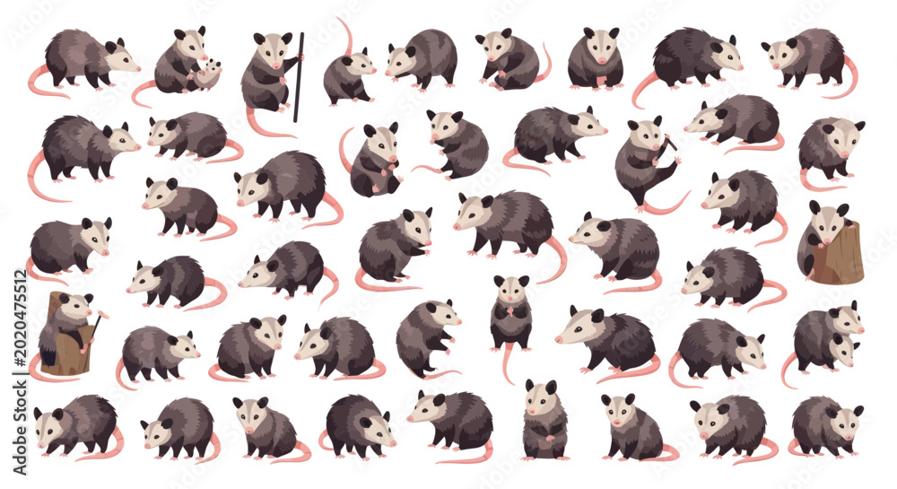 Εκτύπωση καμβά Collection of Opossum Poses, Cute Marsupial Wildlife Cartoon Characters