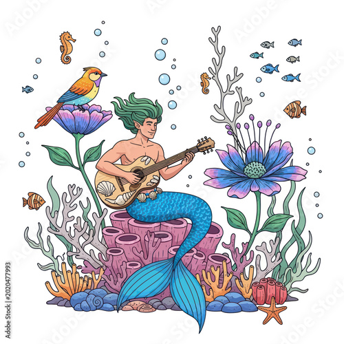 Mermaid Playing Guitar Underwater with Bird and Marine Life