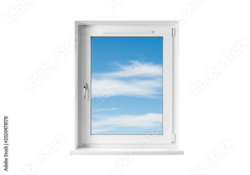 transparent modern casement window unit with clean hardware and windowsill, isolated against transparent, showing clear blue sky and soft clouds concept of architectural product quality