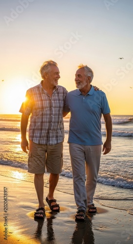 Two Elderly Men Strolling Along the Beach at Sunset.