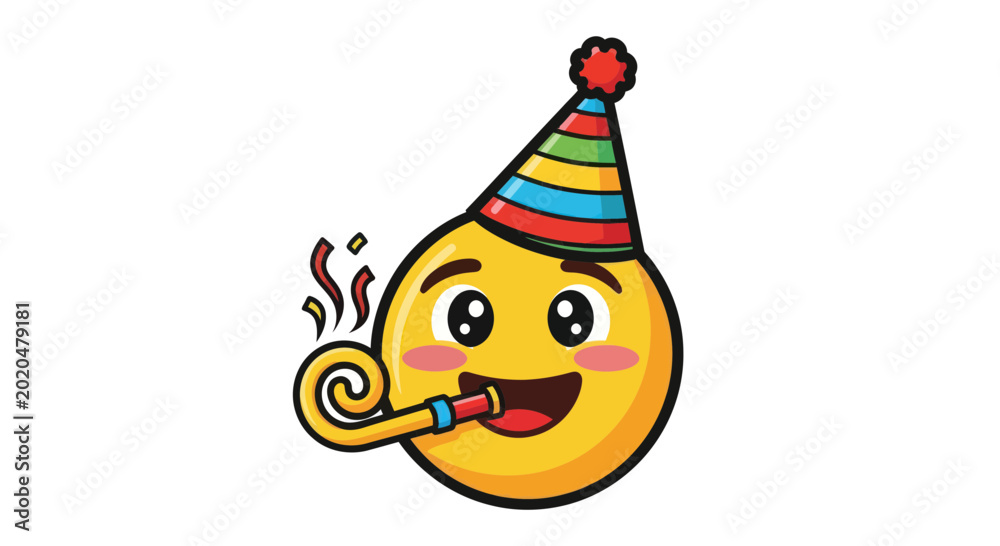 Εκτύπωση καμβά Happy Emoji Face with Party Hat and Noise Maker - Celebration, Fun, Joy