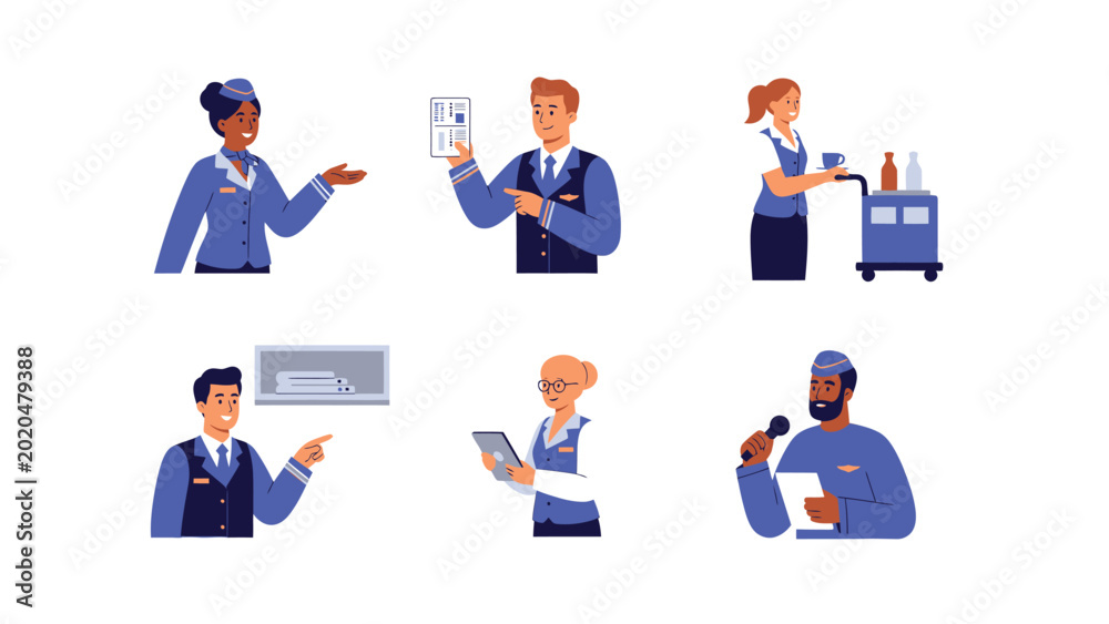 Fototapeta premium Set of diverse hotel staff characters performing various duties, including reception, room service, and event management.