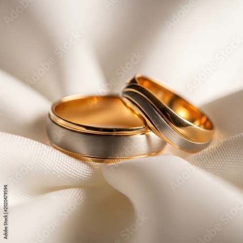 Two elegant gold and silver wedding rings resting on soft white satin fabric.