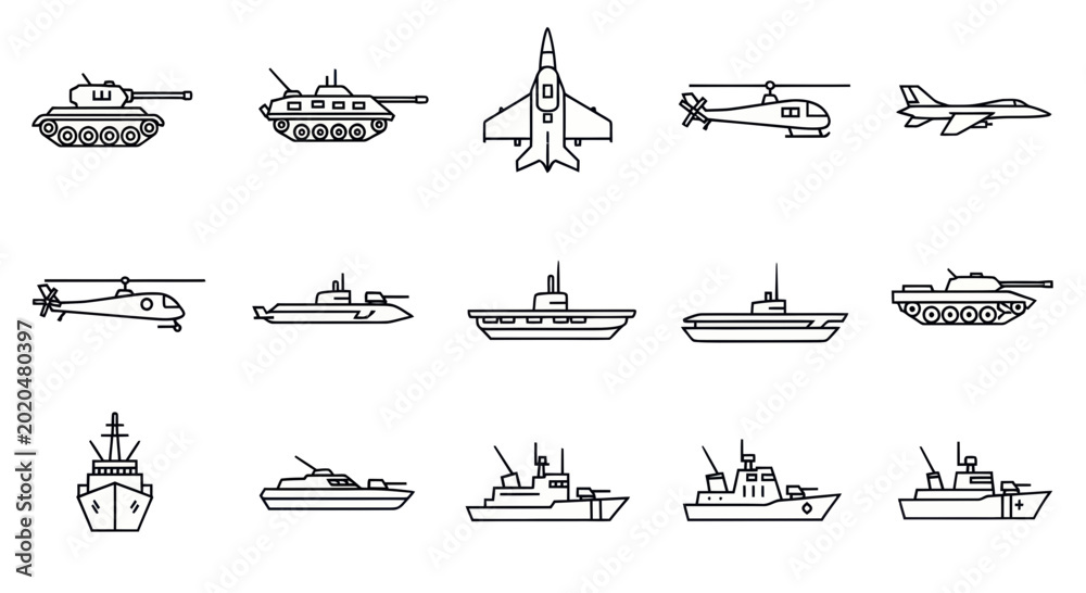 Φωτογραφία Military Vehicles Icons: Tanks, Jets, Helicopters, Submarines, Ships, Aircraft C